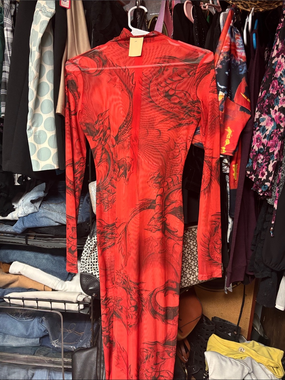 Fashion Nova Red Dragon-Print Long Sleeve Bodycon Dress
